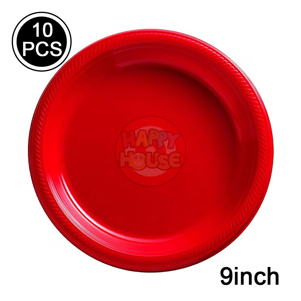 จานพลาสติก ทรงกลม ขนาด 9 นิ้ว (แพ็ค 10 ใบ) สีแดง
