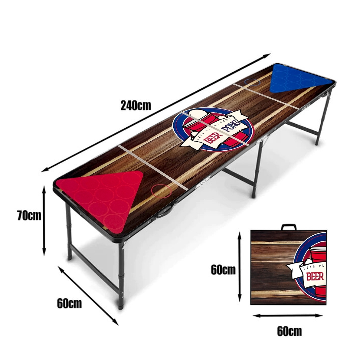 BEER PONG TABLE โต๊ะเบียร์ปองอลูมิเนียม 8 ฟุต ( 240x60 ซม. ) A-01 ลายไม้ Wood มีแดงน้ำเงิน