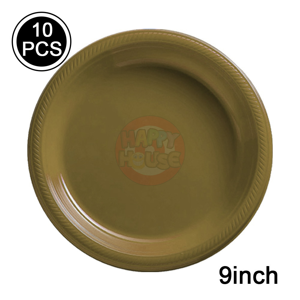  จานพลาสติก ทรงกลม ขนาด 9 นิ้ว (แพ็ค 10 ใบ) สีทอง
