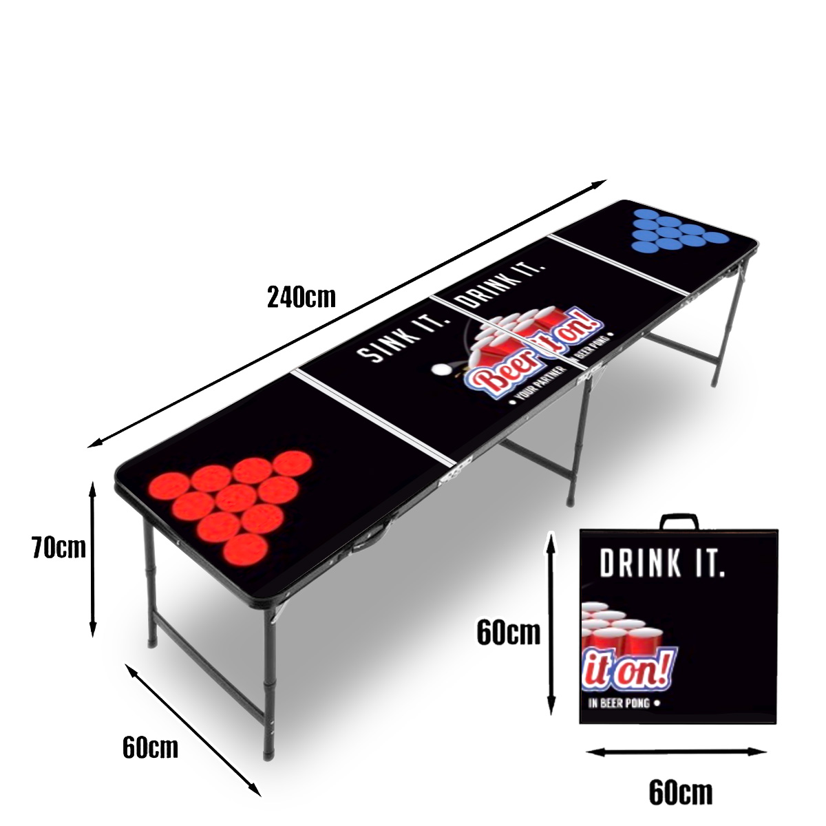 BEER PONG TABLE โต๊ะเบียร์ปองอลูมิเนียม 8 ฟุต ( 240x60 ซม. ) A-01 สี ดำ Beer it on
