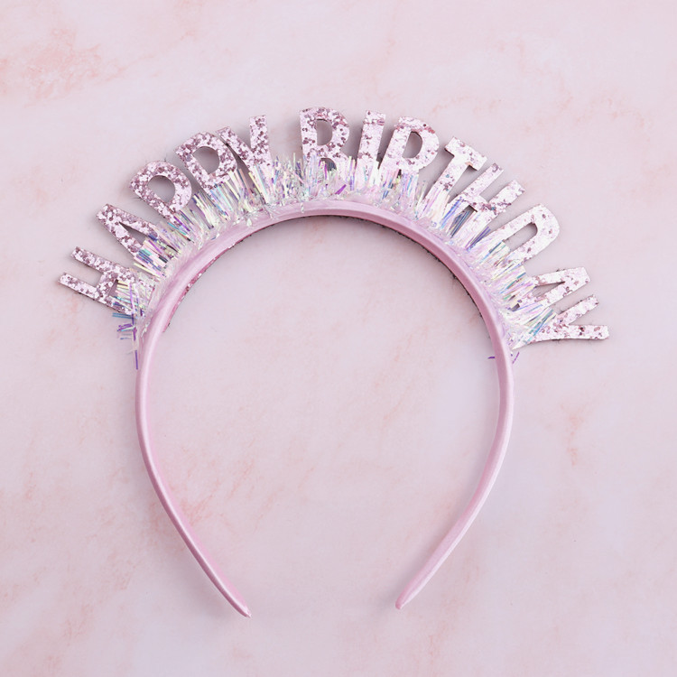 ที่คาดผม Happy Birthday Head Band HBD ตัวหนังสือ ฟอยล์ ฟรุ้งฟริ้ง สี ชมพูอ่อน