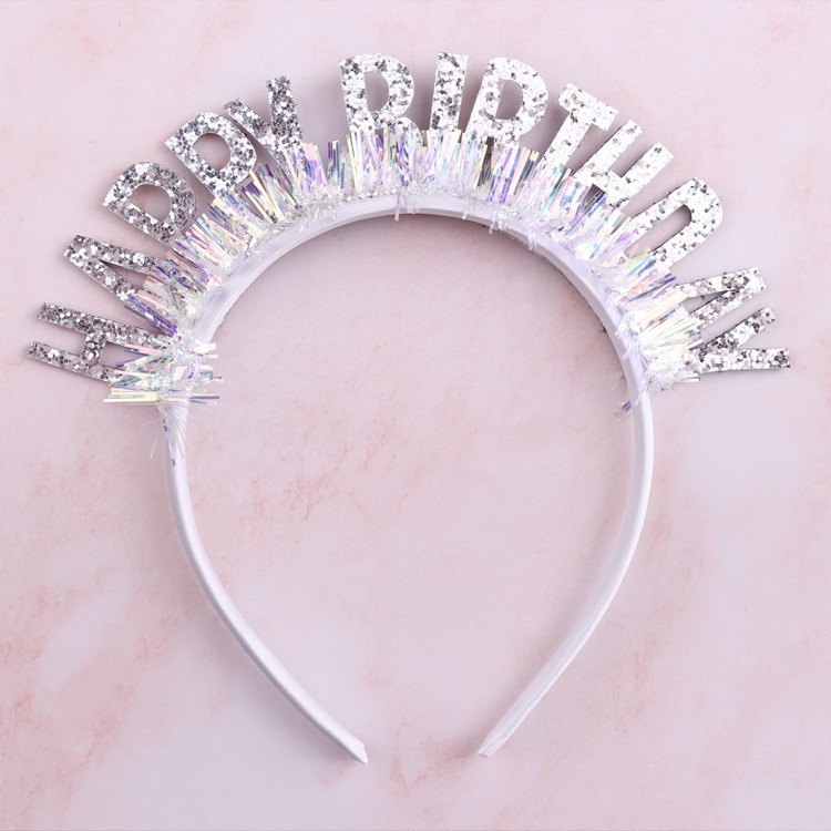 ที่คาดผม Happy Birthday Head Band HBD ตัวหนังสือ ฟอยล์ ฟรุ้งฟริ้ง สี เงิน