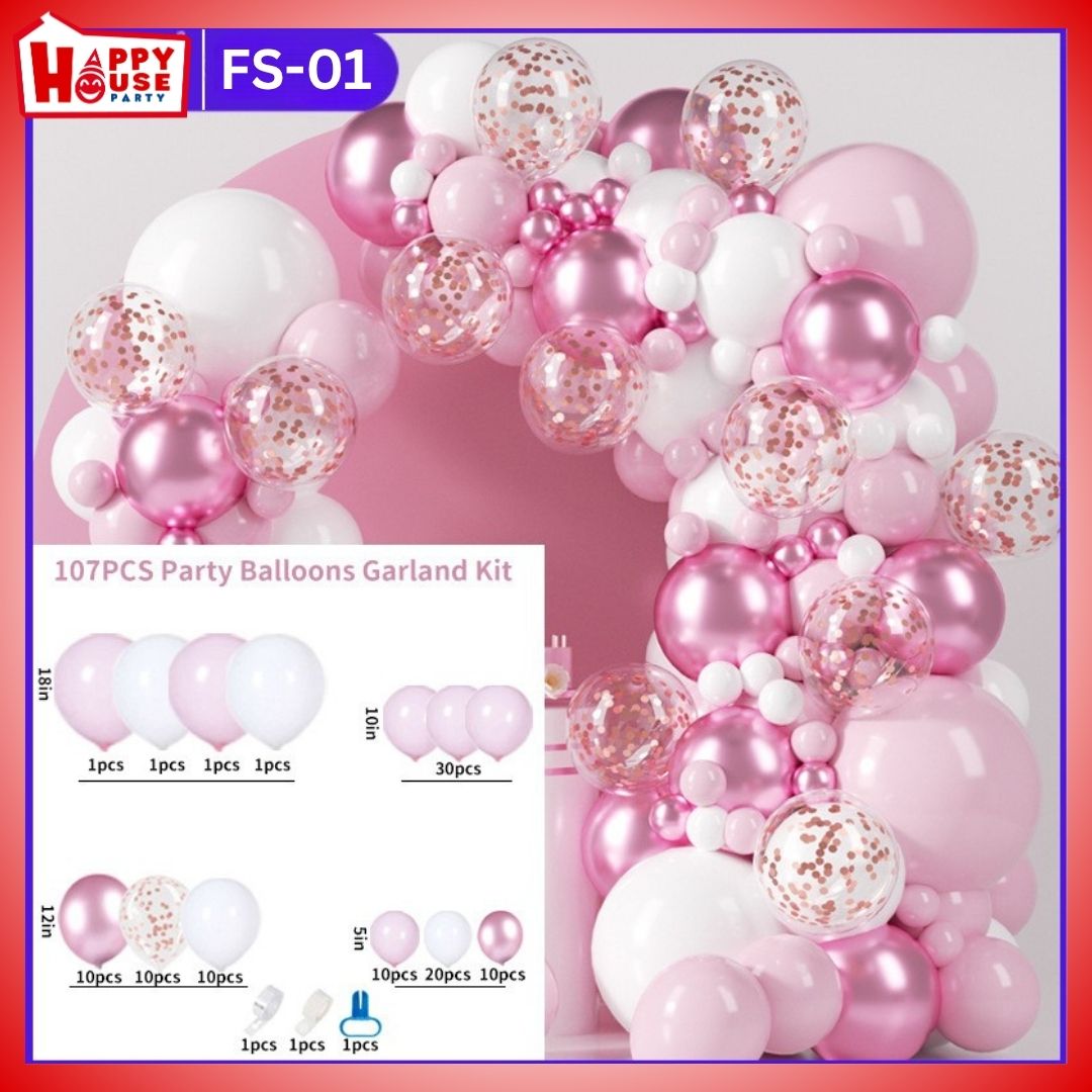 เซตซุ้มลูกโป่งจัดงาน สีชมพู ขาวมุก ดาวใส จำนวน 104 ชิ้น พร้อม กาวติดลูกโป่ง โซ่ซุ้ม และที่มัดลูกโป่ง (FS-01)
