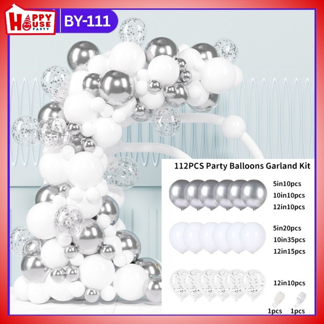 เซตซุ้มลูกโป่งจัดงาน สีเงินเมทัลลิค สีขาว กลิตเตอร์สีเงิน จำนวน 110 ชิ้น พร้อม กาวติดลูกโป่ง และโซ่ซุ้ม (BY-111)