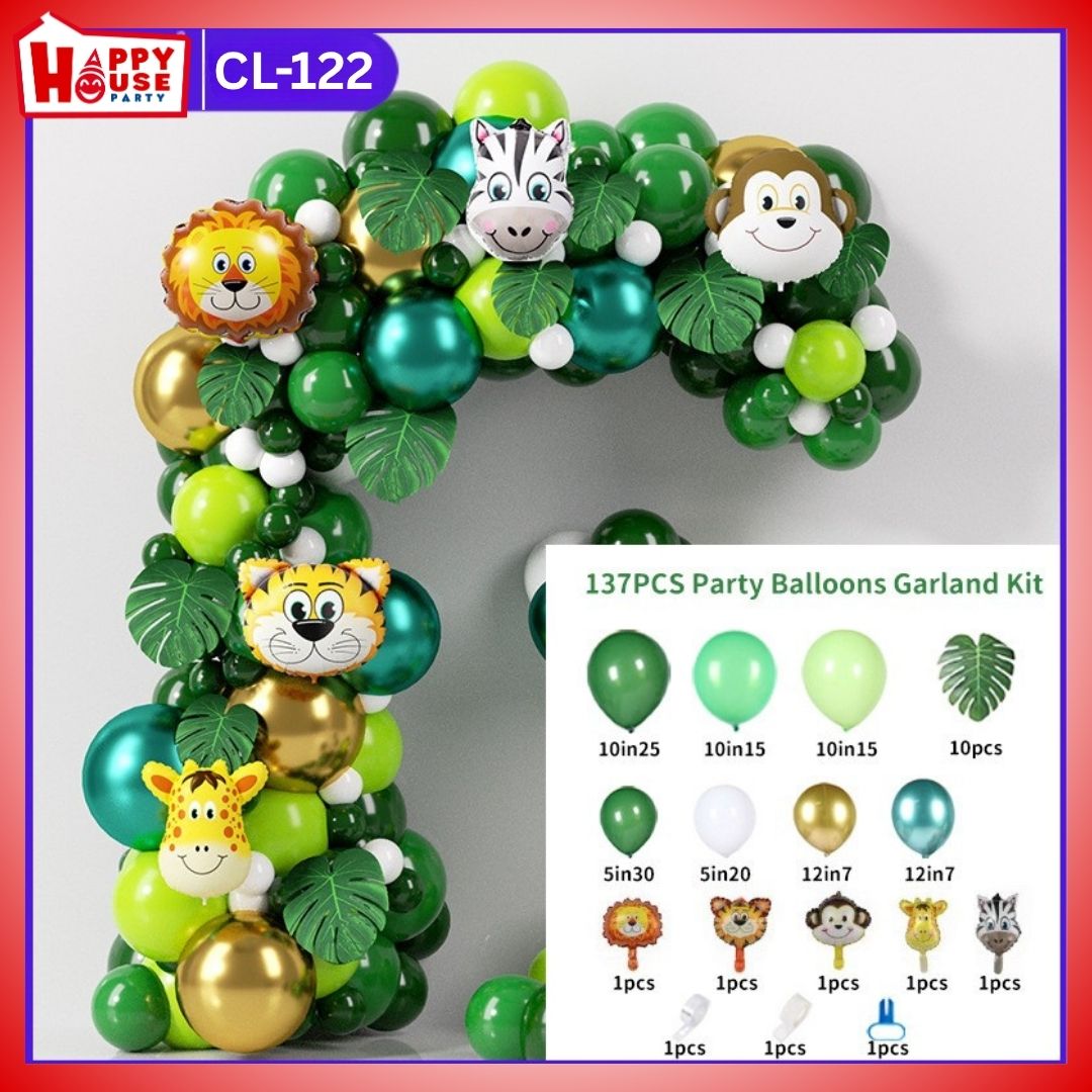 เซตซุ้มลูกโป่งจัดงาน ธีมสวนสัตว์ ลูกโป่งฟอยหัวสัตว์(สิงโต เสือ ม้าลาย ลิง ยีราฟ) ใบไม้กระดาษ 10 แผ่น และลูกโป่ง จำนวน 119 ชิ้น พร้อม กาวติดลูกโป่ง โซ่ซุ้ม และที่มัดลูกโป่ง (CL-122)