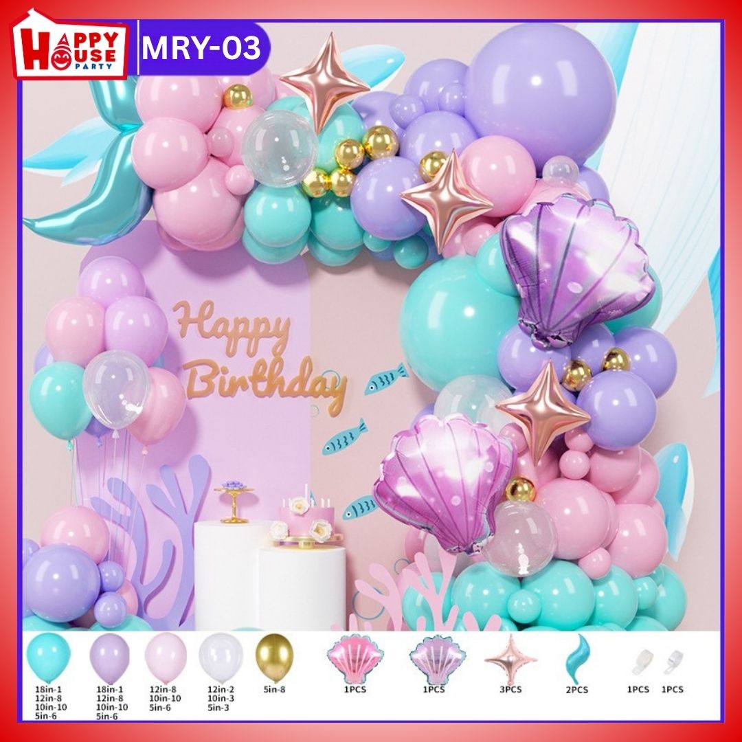 เซตซุ้มลูกโป่งจัดงาน ธีมใต้ท้องทะเล ลูกโป่งฟอย (คลีบหาง เปลือกหอย ดาว 4 แฉก) และลูกโป่งสีฟ้าอ่อน สีชมพูอ่อน สีม่วง ลูกโป่งใสและสีทองเมทัลลิค จำนวน 90 ชิ้น พร้อม กาวติดลูกโป่ง โซ่ซุ้ม (MRY-03)