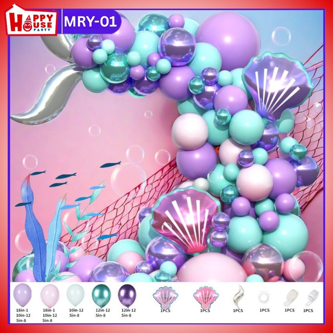 เซตซุ้มลูกโป่งจัดงาน  ธีมใต้ท้องทะเล ลูกโป่งฟอย (คลีบหาง เปลือกหอย ดาว 4 แฉก) และลูกโป่งสีม่วง สีฟ้าอ่อน สีชมพูอ่อน และสีฟ้าเมทัลลิค สีม่วงเมทัลลิค จำนวน 102 ชิ้น พร้อม กาวติดลูกโป่ง โซ่ซุ้ม (MRY-01)