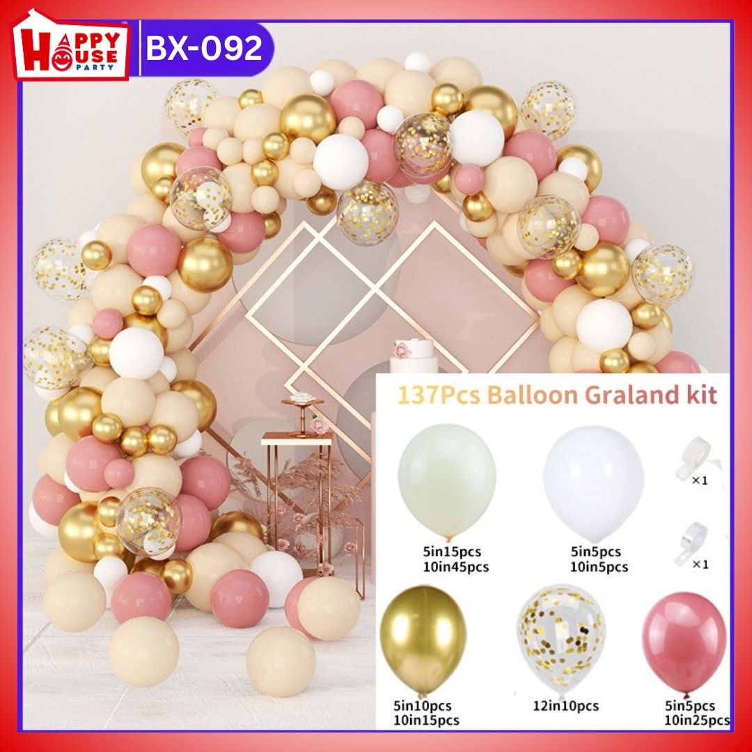 เซตซุ้มลูกโป่งจัดงาน สีครีม สีแดง สีทอง สีขาว และลูกโป่งกลิตเตอร์ สีทอง จำนวน 135 ชิ้น พร้อม กาวติดลูกโป่ง และโซ่ซุ้ม  (BX-092)