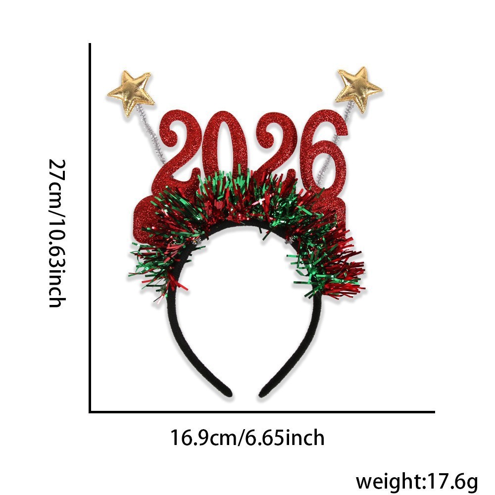 ที่คาดผมคริสต์มาส ตัวเลข 2026 สีแดง ฟอยล์สีแดงเขียว มีดาว