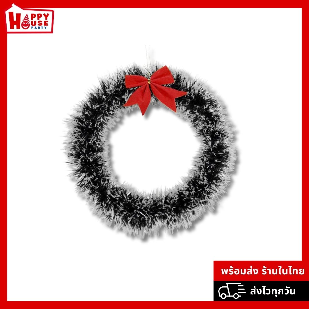 พวงหรีดคริสต์มาส แขวนประดับตกแต่ง มีโบว์แดง หิมะขาว