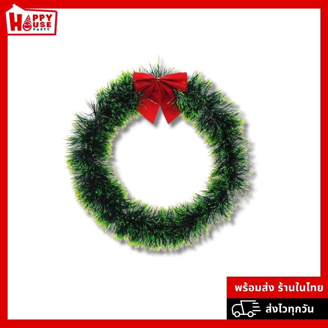 พวงหรีดคริสต์มาส แขวนประดับตกแต่ง สีเขียว มีโบว์แดง 