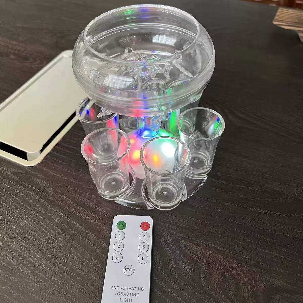  ที่รินช็อต 6 หัว มีไฟ LED ตั้งไฟสุ่มได้ พร้อมรีโมทและแก้วช็อต 6 ใบ มีจุกปิด